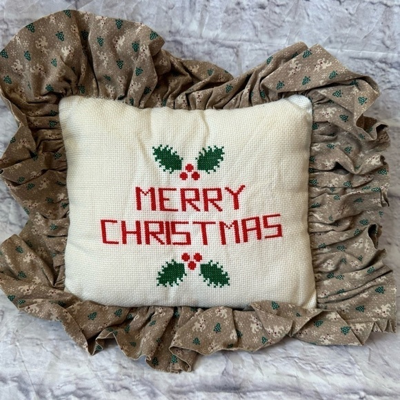 Merry Christmas Handmade Vintage Cross Stitch Throw Pillow Reindeer Ruffles Trim - Picture 1 of 4